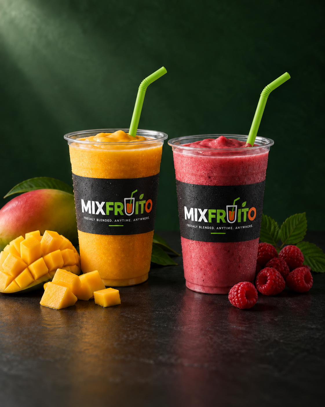 Gobelets MIXFRUITO avec smoothies orange et rose et pailles vertes